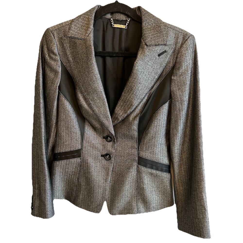 BEBE Metallic Jacket Wool Blend Preppy Blazer 90s Dark Leather Size 8 Y2K Goth